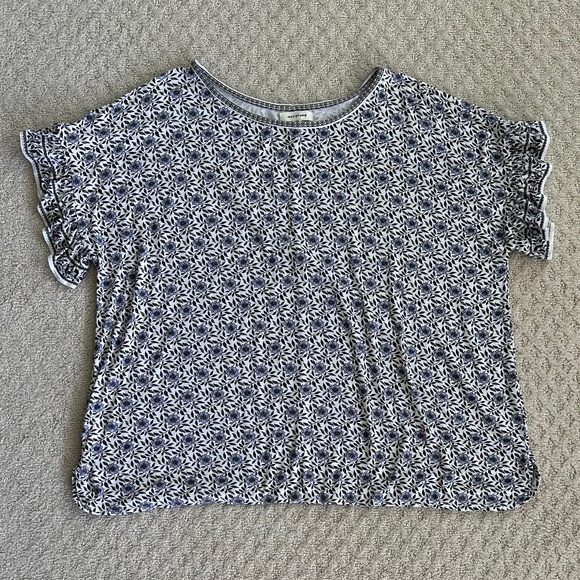 Max Studio Floral Print Ruffle Sleeve Top/Blouse White/Blue 2X Casual Feminine - Picture 1 of 13